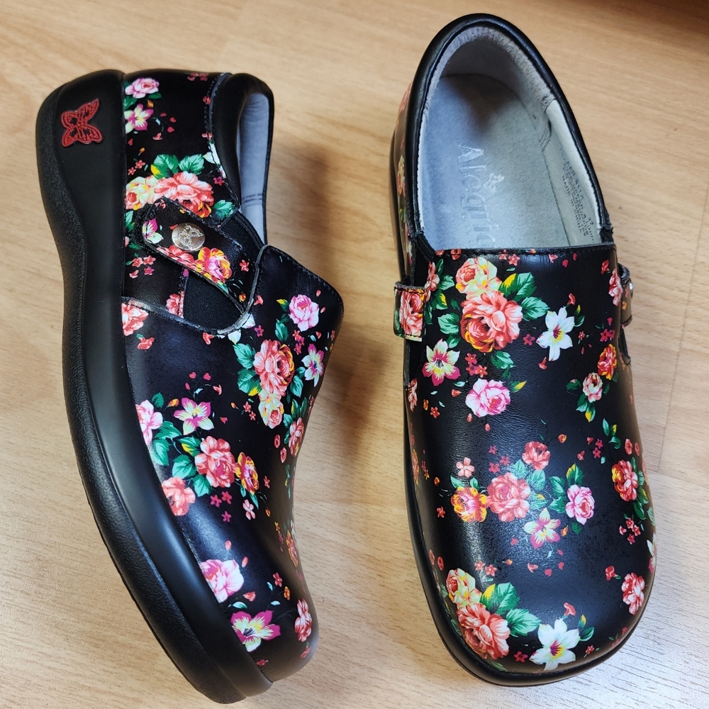 Alegria Leather Black Floral Slide On Comfort Clogs Size EU 37 Like New